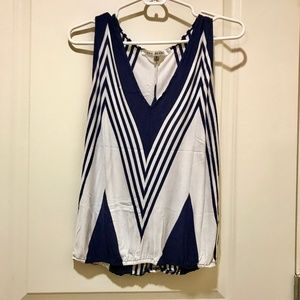 White and blue v-neck tank, geometric print